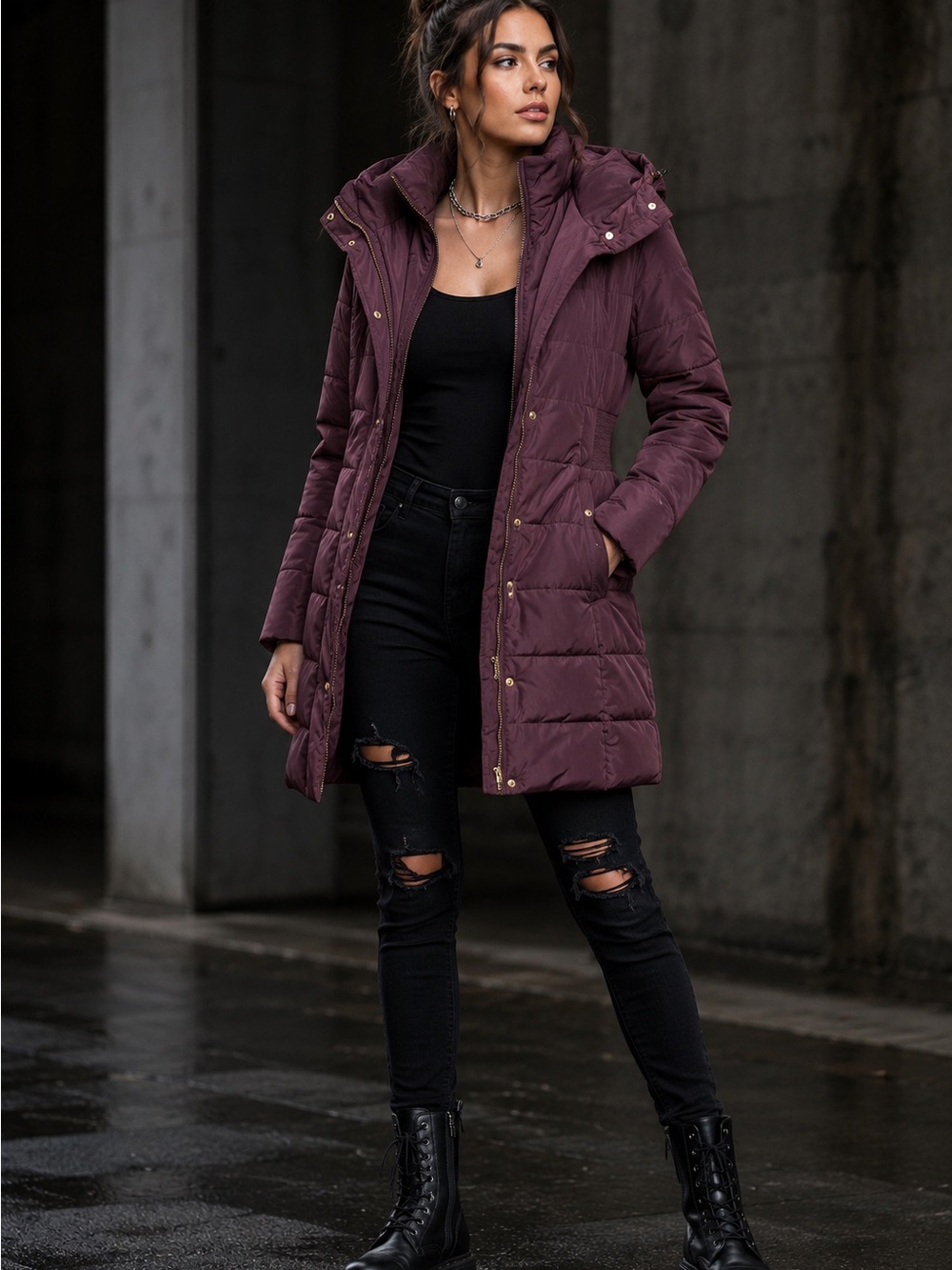 Cole Haan Signature Merlot Hooded Down Puffer Coat Jacket Small